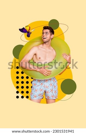 Artwork advert collage picture swimming pool party guy shirtless wear rubber ring look butterfly excited isolated on yellow background