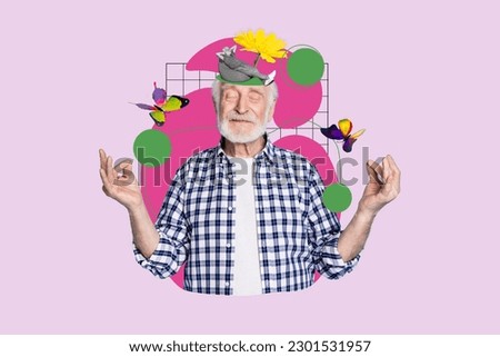 Portrait collage photo of retired man closed eyes dreaming concentration meditation summertime holidays isolated on pink color background Royalty-Free Stock Photo #2301531957