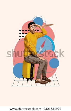 Collage of young excited man sitting suit bag lost look interested compass navigation equipment sightseeing isolated on drawn background