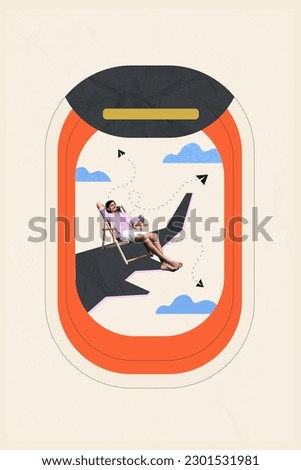 Vertical collage image of carefree mini guy airplane window wing chilling lounger drink cocktail isolated on creative background