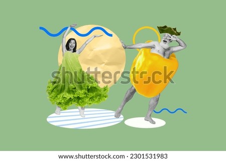 Magazine picture template collage of family people lady pensioner man dancing in vegetable clothes enjoy healthy nutrition