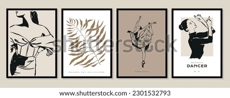 Abstract boho style flowers and female silhouettes vector illustration collection