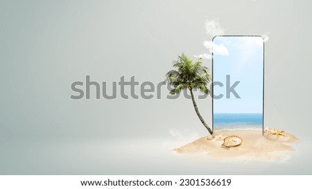 Mobile phone screen with shells on the sandy beach with blue sky background