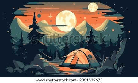 illustration of Camping Evening Scene. Tent, Campfire, Pine forest and rocky mountains background, starry night sky with moonlight