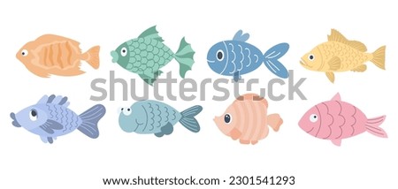 Collection of colorful cute sea fishes. Icons in cartoon style for children, vector