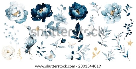 blue watercolor arrangements with flowers, set, bundle, bouquets with wildflowers, leaves, branches. Botanical illustration