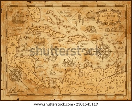 Old vintage map of caribbean sea. Vector worn parchment with ships, islands and land, wind rose and cardinal points. Fantasy world, vintage grunge paper, pirate map with travel locations and monsters Royalty-Free Stock Photo #2301545119