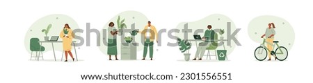 Business people concept illustration set. Characters work together at a green sustainable office with plants, ride bikes to work, use recycle bin and live environment friendly. Vector illustration.