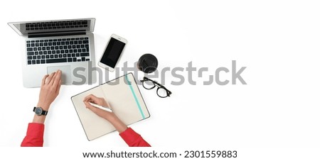Woman using modern laptop on white background, top view. Banner design with space for text