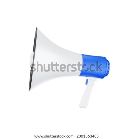 loudspeaker or megaphone horn white and blue megafon is a simulated notification speaker icon. 3D illustration rendering - clipping path