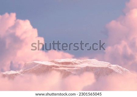 Stone podium tabletop floor in outdoor on sky pink gold pastel soft cloud blurred background.Beauty cosmetic product placement pedestal present promotion stand display,summer paradise dreamy concept. Royalty-Free Stock Photo #2301565045