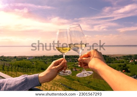 romantic celebratory toast with wine glasses in a Vineyard wine garden at Lake Balaton in Baracsony Hungray with beautiful view sunset.