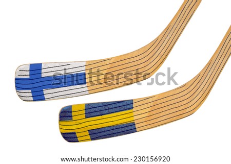 Two hockey sticks and featuring the flags of the teams