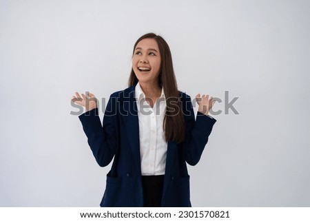 Portrait of smart and happy young thoughtful Asian business women think for new ideas on isolated white background. Concept of advertising marketing and product placement.
