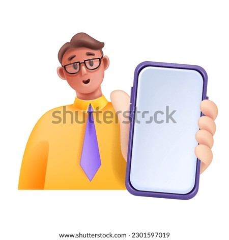 3D man hold smartphone, smiling excited vector cartoon character with phone, digital SMM manager. Male businessman with cellphone, device screen social media concept. Guy hold smartphone clipart Royalty-Free Stock Photo #2301597019