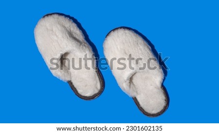 White slippers on blue uniform background. Top view. Flat lay