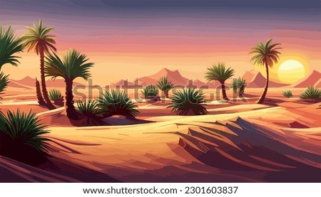 Desert background Summer with sun, sand, clouds, palms Trees Vector design style Nature Landscape. illustration desert oasis with cacti. Cacti flowers coming out of the ground with sand hills banner  Royalty-Free Stock Photo #2301603837