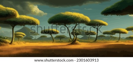 African rainforest. African jungle rainforest panorama with tropical vegetation, exotic fantasy landscape banner vector illustration. african savannah vector illustration