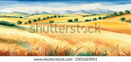 Farm on a hill with yellow or golden wheat field in a watercolor style, agriculture, cultivation, countryside, field, countryside, vector illustration banner with copy space Royalty-Free Stock Photo #2301603961