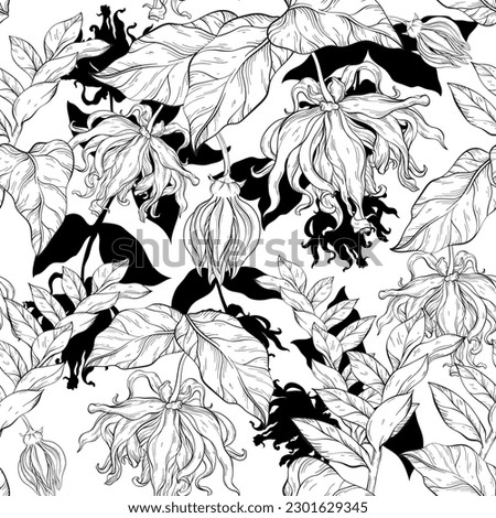 Seamless pattern with yellow ylang ylang flowers and leaves, vector clip art, botanical illustrations. Black and white