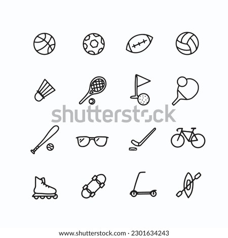 Summer sports vector icon set vectorial sports icons collection simple pictogram symbol design hand drawn equipment bike team sport healthy fitness simple graphic basketball soccer football volleyball
