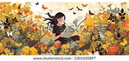 Young woman opening a huge open book surrounding the many flowers, leaves, plants. Back to school, library concept design. Vector illustration, poster and banner Book festival concept Royalty-Free Stock Photo #2301650897