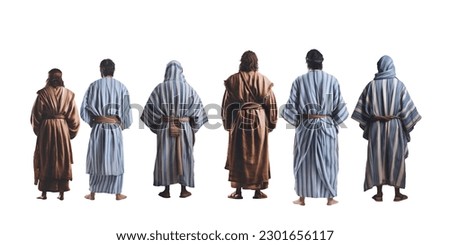 Apostles of Jesus Christ middle eastern men wearing colorful medieval clothing standing view from the back Royalty-Free Stock Photo #2301656117