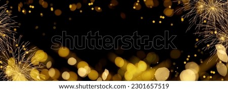 Elegant gold and black background with fireworks and light sparkles. Background for birthday celebrations, big events, congratulations and holidays like 4th of July or New Year's Eve Royalty-Free Stock Photo #2301657519