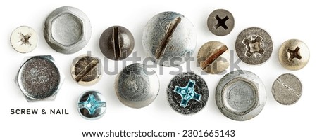 Screw heads, nuts, rivets, nail collection isolated on white background. Vintage tools creative layout. Top view, flat lay. Design element
 Royalty-Free Stock Photo #2301665143