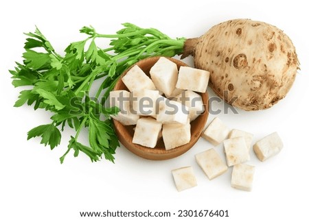 Fresh celery root with leaf isolated on white background. Top view. Flat lay. Royalty-Free Stock Photo #2301676401