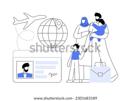Immigration abstract concept vector illustration. International movement of people, residence permit, working visa, boarding control, sign documents, passport, green card abstract metaphor. Royalty-Free Stock Photo #2301683189