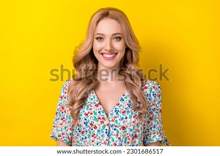 Photo of charming cute lady dressed sarafan rejoice sunny weather enjoy summer time isolated on yellow color background