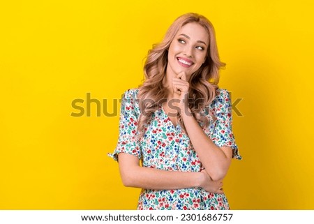 Photo of young thoughtful adorable wavy hair girl touch chin interested mockup choosing best ice cream isolated on yellow color background Royalty-Free Stock Photo #2301686757