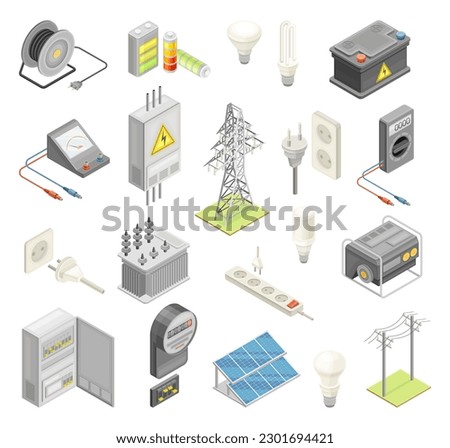 Electric Power Objects with Breaker Box, Socket, Accumulator and Lightbulb Isometric Big Vector Set Royalty-Free Stock Photo #2301694421