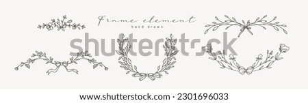 Hand drawn vintage floral wreaths, frames, with flowers and ribbon bows. Trendy greenery elements in line art style. Vector for label, corporate identity, wedding invitation, card