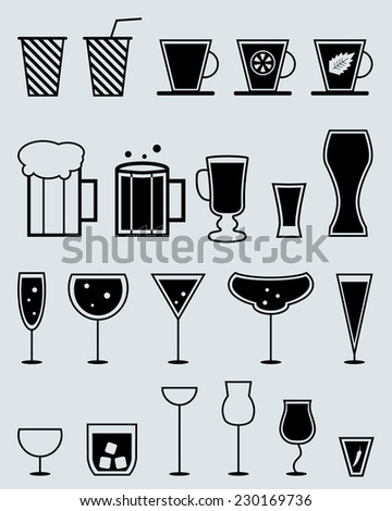 glasses for drinks. cocktail, tea, beer beverages vector silhouette set