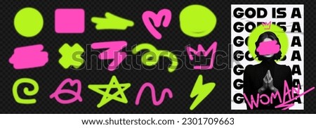 A set of graffiti figures in a negligent style. On a transparent background as png. Bright neon shapes. With collage poster about feminism. God is a woman. Contemporary flyer. Vector element pack. Royalty-Free Stock Photo #2301709663