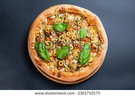 Homemade Fresh Pizza with Smoked Chicken, Mushrooms, Basil, and White Sauce. This mouth-watering photo showcases a homemade pizza made with smoked chicken, mushrooms, basil, and a creamy white sauce. 