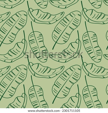 Green banana Palm Leaves outline background. Summer Tropical seamless Pattern.  Exotic plants vector illustration