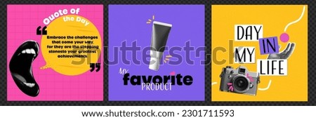 A set of templates for social networking posts. Open Mouth with Quote of the Day. My favorite product. A day in my life. Ideas for content. Vector collage style. Pop art nostalgia Royalty-Free Stock Photo #2301711593