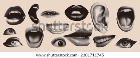Punk collage elements. Eyes and lips and ear in halftone treatment. Retro magazine clippings. Vintage Vector illustration.  Royalty-Free Stock Photo #2301711745
