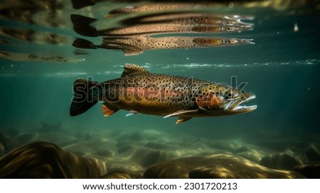 Rainbow trout swimming in natural underwater habitat, shallow depth of field. Royalty-Free Stock Photo #2301720213