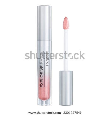 Silver Vial Colored Plumping Glittery Lip Gloss Isolated on White. Pink Liquid Lipstick. Doe Foot Applicator Foundation. Front View Cosmetic Flocked Tip Lips Brush. Makeup Slanted Wand Applicator Cap Royalty-Free Stock Photo #2301727549