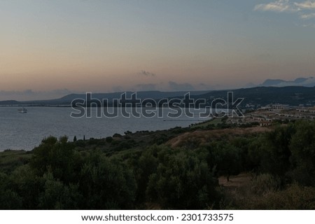 Beautiful sunset panorama view of Pylos, Peloponessos, and the Greek coast.