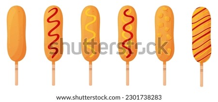 Big set of Corn dogs. Sausage in dough on a stick with and without condiments. American or Korean street food. Detailed flat illustration. Fastfood concept. Isolated on a white background.