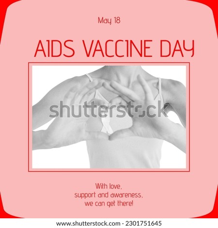 Composition of aids vaccine day text over caucasian woman with ribbon. Aids vaccine day, vaccination and healthcare services concept digitally generated image.