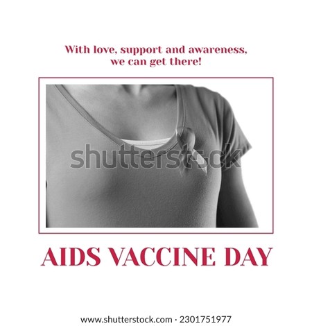 Composition of aids vaccine day text over caucasian woman with red ribbon. Aids vaccine day, vaccination and healthcare services concept digitally generated image.