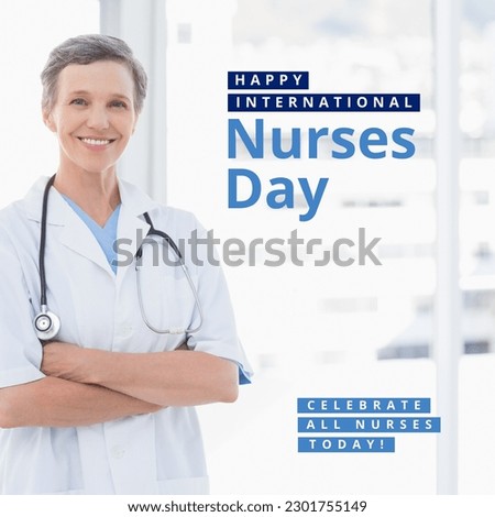 Composition of nurses day text over caucasian female nurse. Nurses day, medicine and healthcare services concept digitally generated image.