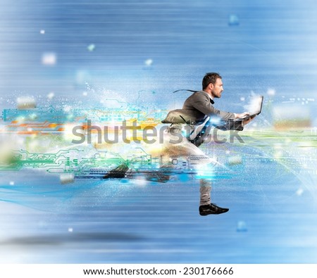 Concept of fast internet with running businessman with a laptop Royalty-Free Stock Photo #230176666