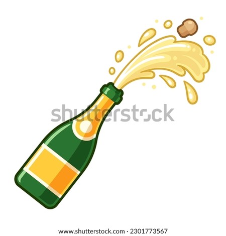 Champagne bottle pop open with cork and foam flying out. Cartoon vector icon, simple clip art illustration.